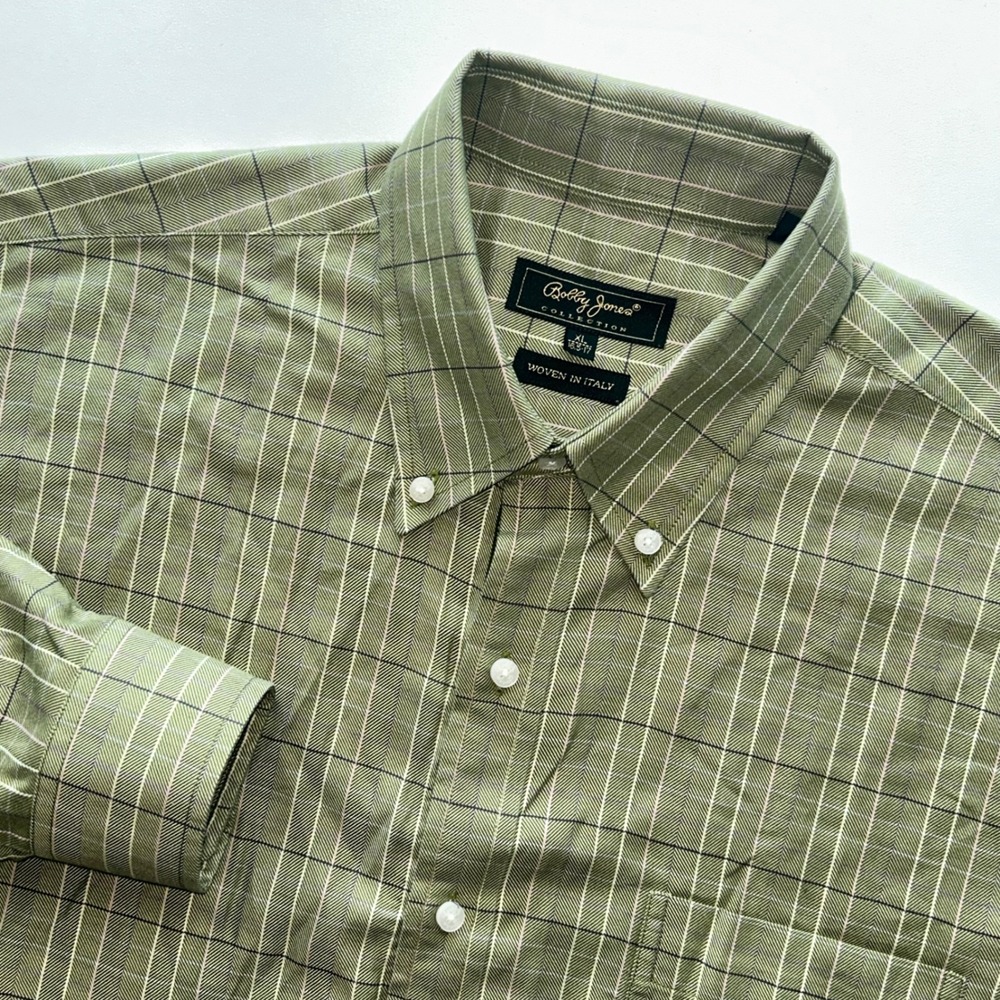 Bobby Jones Collection Mens XL Green Herringbone Windowpane Golf Button Up Shirt